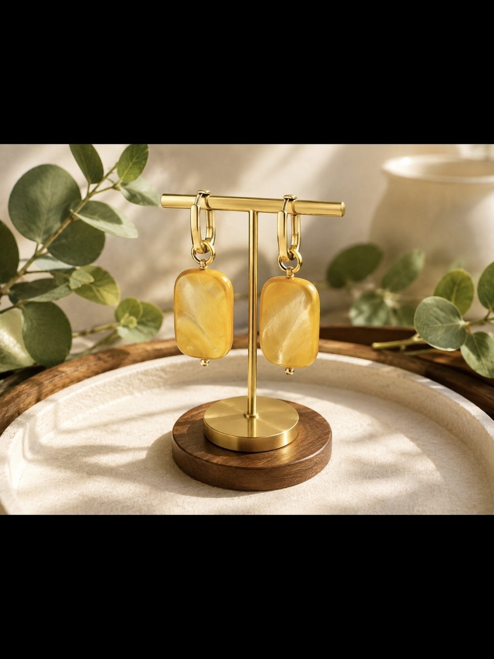 18 k Gold Plated Hoop Earrings with Yellow Mother Of Pearl Drops NEW